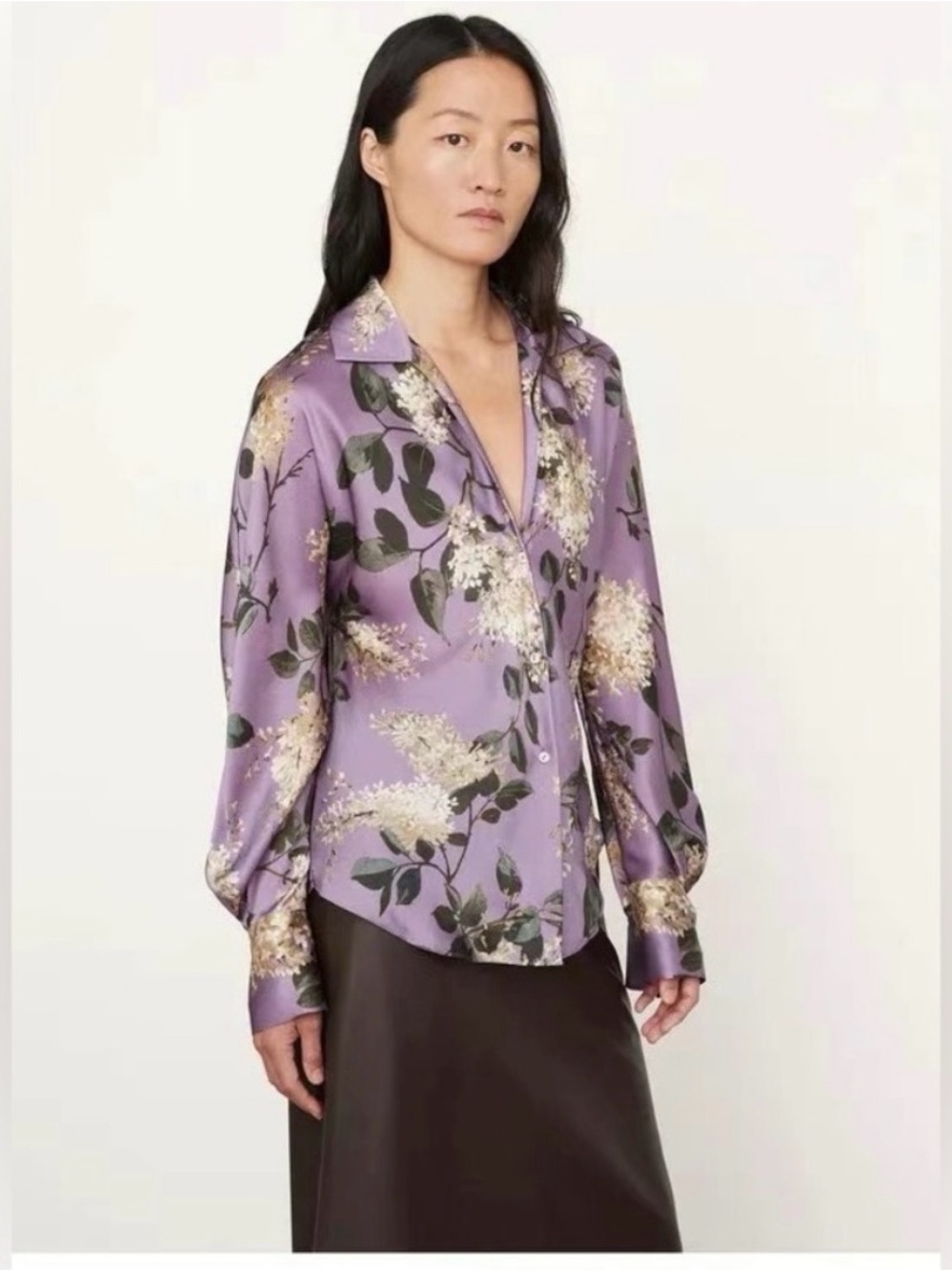 Vince Lavender Floral Satin Button-Down Shirt